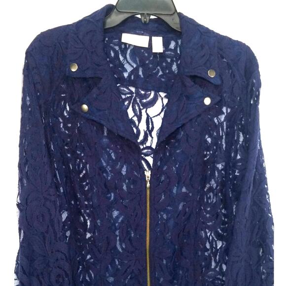 Chicos Navy Lace Moto Jacket Front Zip Up Long Sleeve Collar Sheer Feminine Sz 2 - Picture 12 of 13